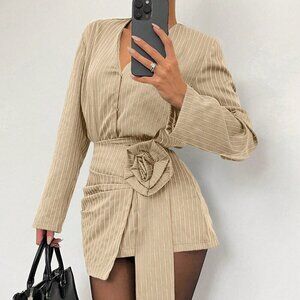 beige Casual Women's 3d Rose striped top & Mini Skirt set